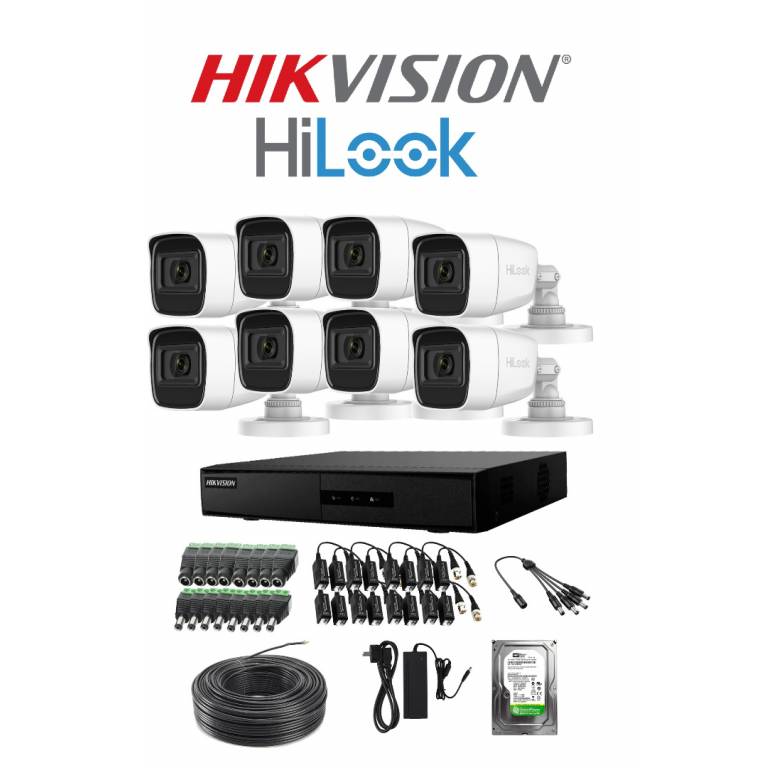 KIT 8 CMARAS Y DVR HIKVISION 2MP BULLET + DISCO CON MICRFONO