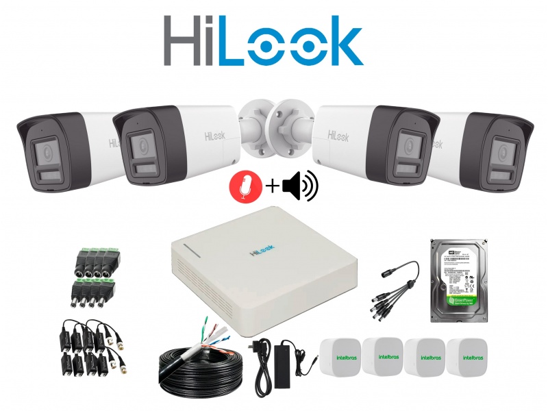 KIT HILOOK DVR 4CH + 4 CAMARAS 2MP MIC + PARLANTE + DISCO